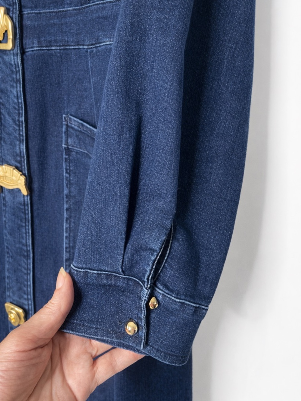 Indigo Denim Maxi Dress w/ Gold Buttons | Tailored Fit | Chic Luxe - Picture 6 of 16